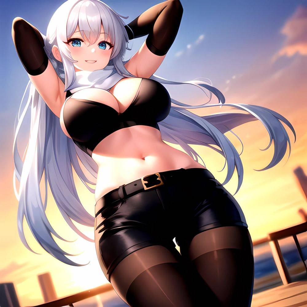 1girl Armpits Arms Behind Head Belt Black Bra Black Gloves Black Pantyhose Blue Eyes Blurry Blurry Background Bra Breasts Curvy, 3388296019 - AIHentai - #main