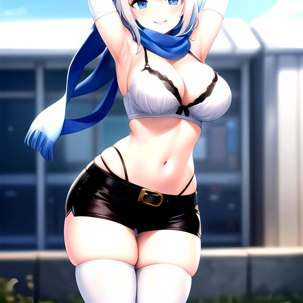 1girl Armpits Arms Behind Head Belt Black Bra Black Gloves Black Pantyhose Blue Eyes Blurry Blurry Background Bra Breasts Curvy, 2087816818 - AIHentai - #main