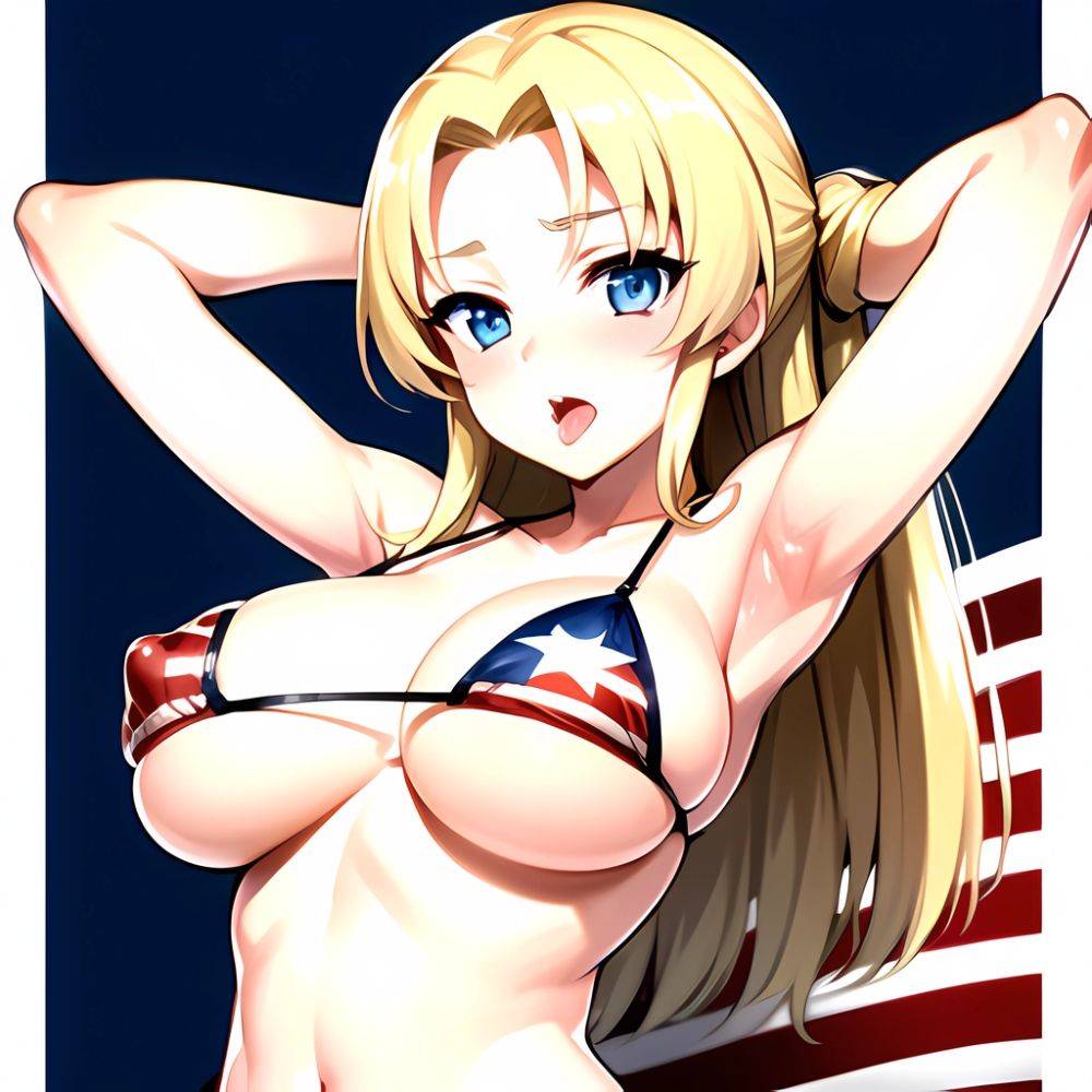 1girl American Flag Bikini Armpits Arms Behind Head Bikini Blonde Hair Blue Eyes Blush Breasts Covered Erect Nipples Flag Print, 2566084919 - AIHentai - #main