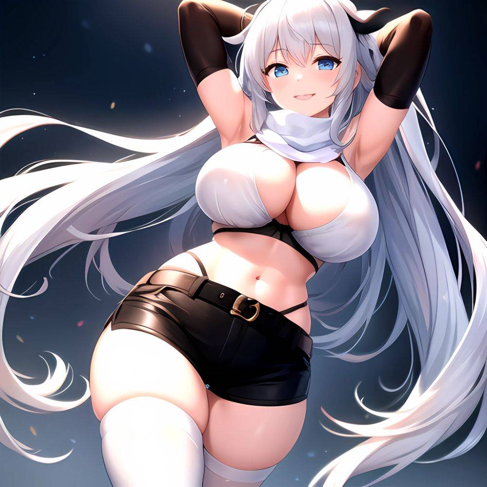 1girl Armpits Arms Behind Head Belt Black Bra Black Gloves Black Pantyhose Blue Eyes Blurry Blurry Background Bra Breasts Curvy, 2550889602 - AIHentai - #main