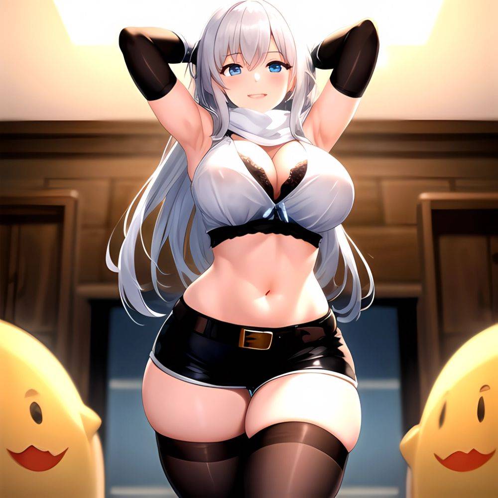 1girl Armpits Arms Behind Head Belt Black Bra Black Gloves Black Pantyhose Blue Eyes Blurry Blurry Background Bra Breasts Curvy, 1242058181 - AIHentai - #main