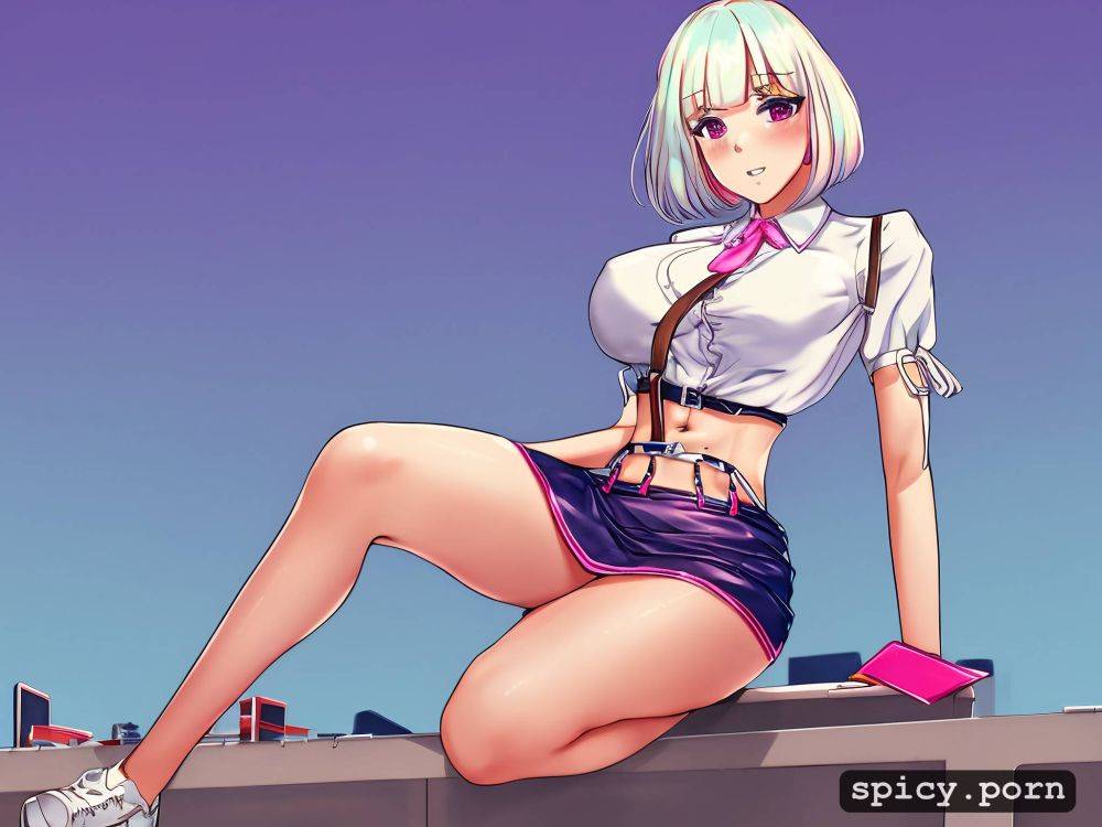 hot squat, white and pink bob cut hair, blue mini skirt, pink suspenders - #main