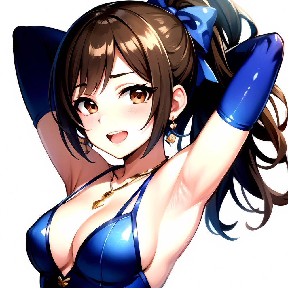 1girl Absurdres Armpits Arms Up Ayase Honoka Black Gloves Blue Bow Blue Dress Blush Bow Breasts Brown Eyes Brown Hair, 1933022229 - AIHentai - #main