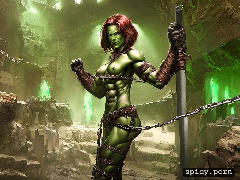chained, the background is a dungeon, hips, shackles, captive - #main