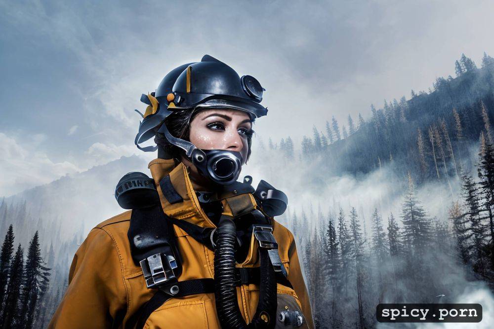 portrait, tired sweaty face, side view, wildfire in background - #main