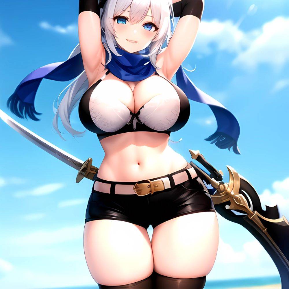 1girl Armpits Arms Behind Head Belt Black Bra Black Gloves Black Pantyhose Blue Eyes Blurry Blurry Background Bra Breasts Curvy, 2986462105 - AIHentai - #main