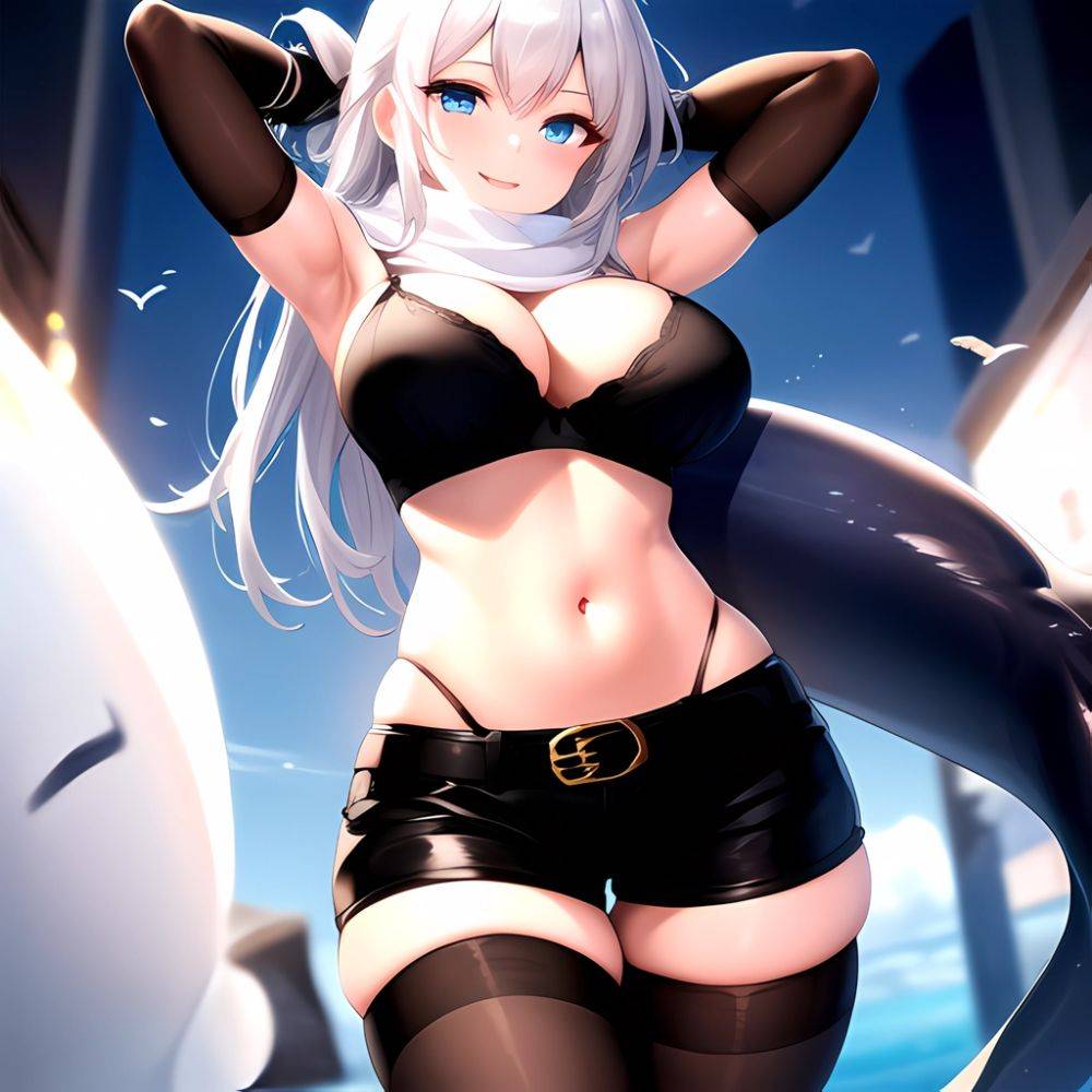 1girl Armpits Arms Behind Head Belt Black Bra Black Gloves Black Pantyhose Blue Eyes Blurry Blurry Background Bra Breasts Curvy, 2081540471 - AIHentai - #main