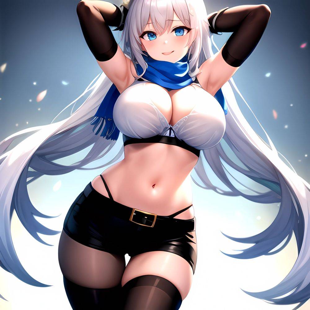 1girl Armpits Arms Behind Head Belt Black Bra Black Gloves Black Pantyhose Blue Eyes Blurry Blurry Background Bra Breasts Curvy, 1811622529 - AIHentai - #main