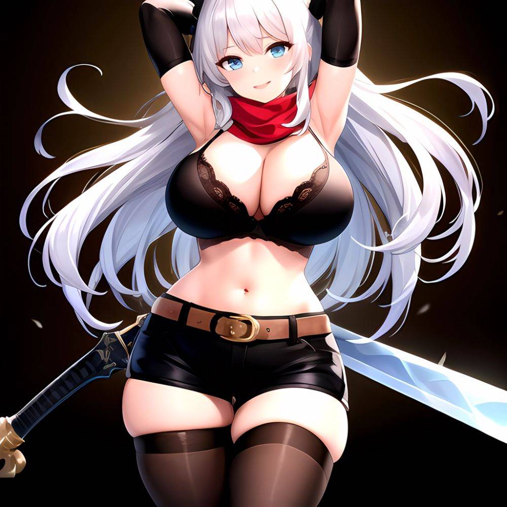 1girl Armpits Arms Behind Head Belt Black Bra Black Gloves Black Pantyhose Blue Eyes Blurry Blurry Background Bra Breasts Curvy, 861314666 - AIHentai - #main