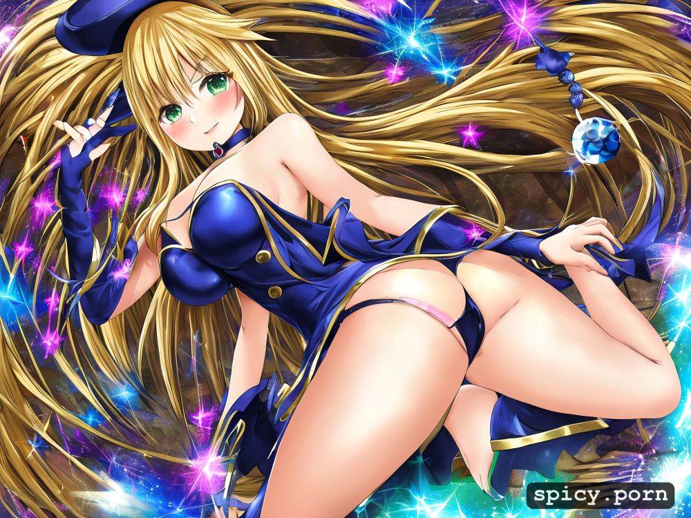 detailed legs, misakura aoi yu gi oh yu gi oh duel monsters dark magician woman highres 1girl all fours bare shoulders blonde hair blue footwear blue headwear blush blush stickers boots breasts - #main