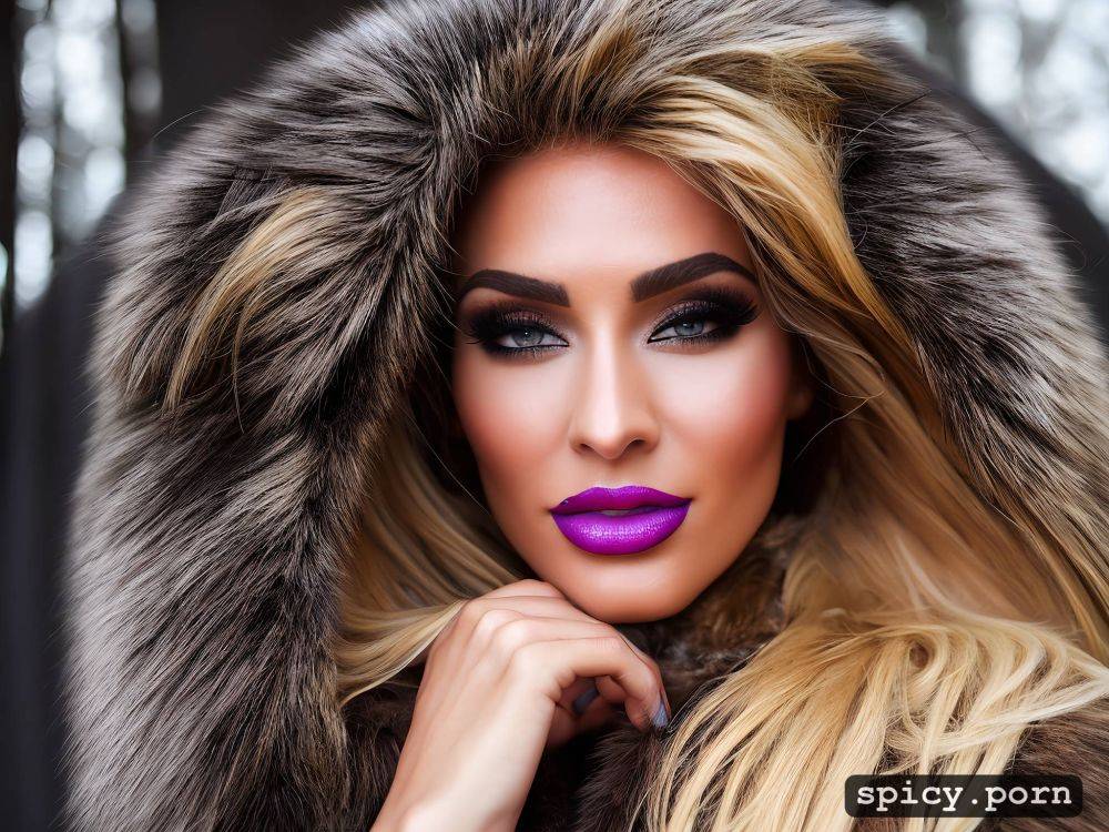 singer, sharp focus, pretty face, large russian fur coat, bling hanging on chains around neck - #main