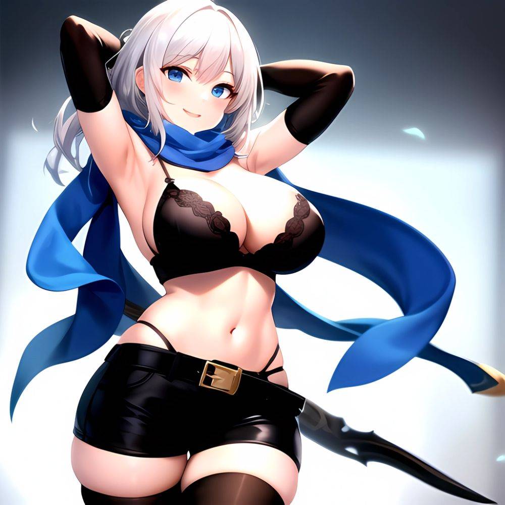 1girl Armpits Arms Behind Head Belt Black Bra Black Gloves Black Pantyhose Blue Eyes Blurry Blurry Background Bra Breasts Curvy, 2509542121 - AIHentai - #main