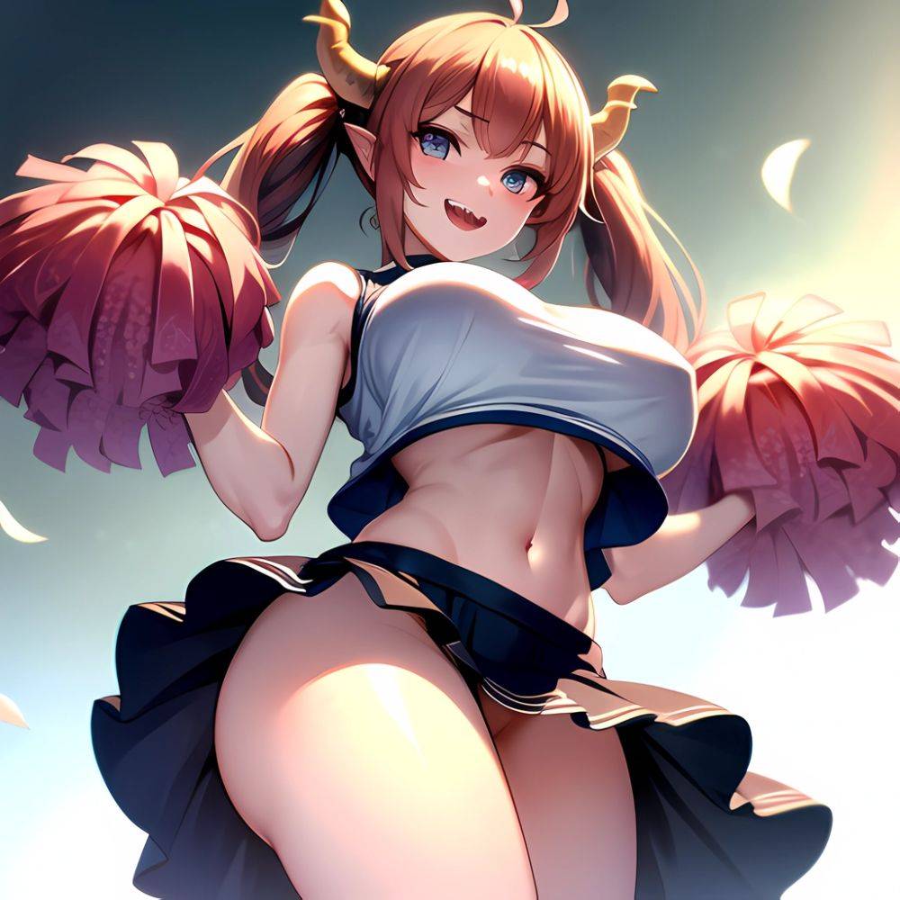 1girl Absurdres White Skirt Whitefrok Breasts Cheerleader Dragon Girl Dragon Horns Highres Holding Holding Pom Poms Horns Huge B, 2633187588 - AIHentai - #main