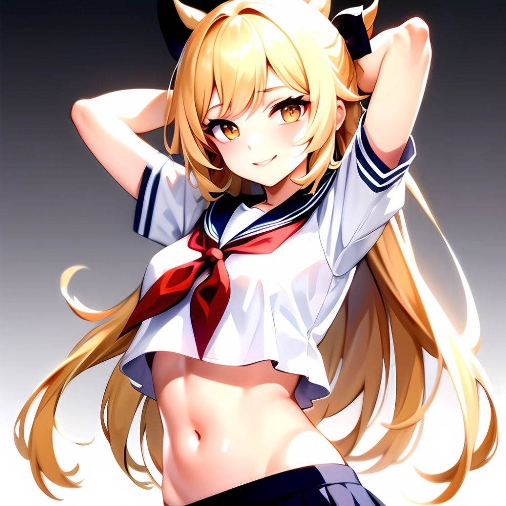 1girl Arms Up Arms Behind Head Blonde Hair Blue Skirt Bow Crop Top Crop Top Overhang Genshin Impact Gradient Background, 1350849092 - AIHentai - #main