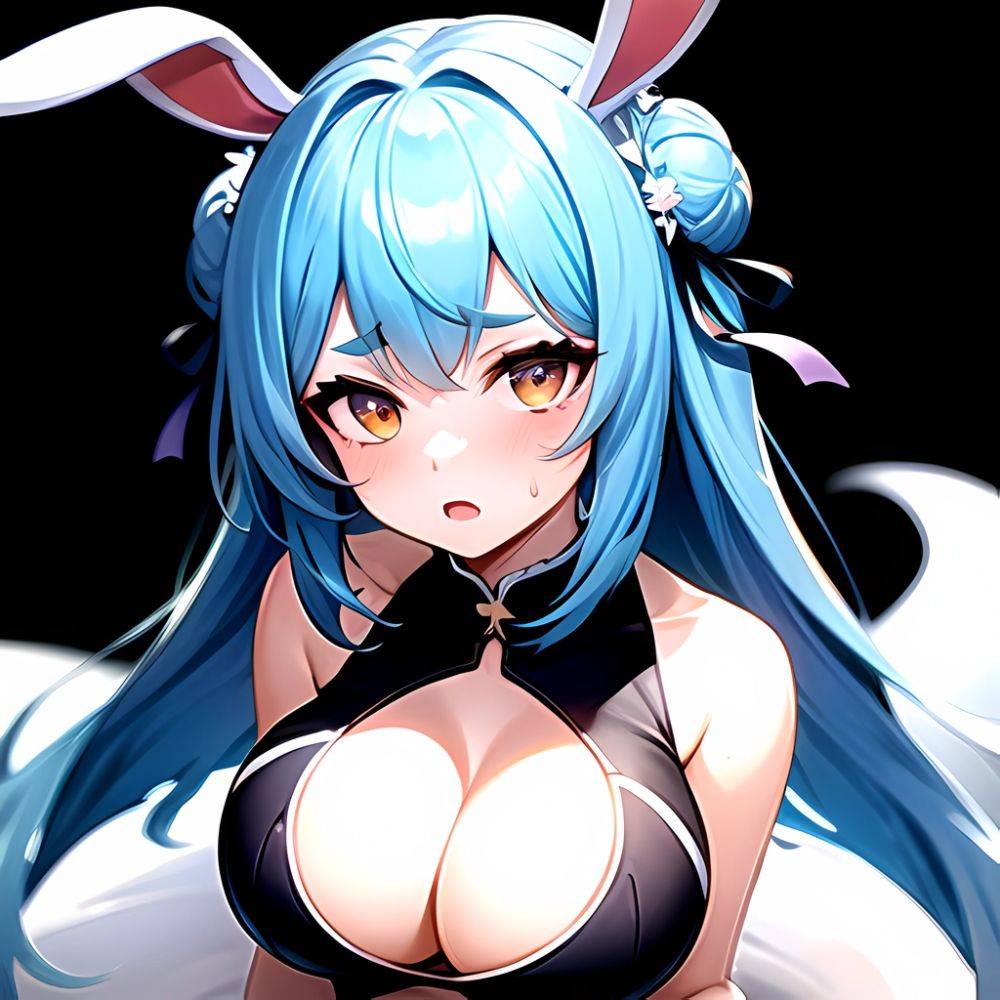 1girl Alternate Breast Size Animal Ear Fluff Animal Ears Animal Print Blue Hair Blush Breasts Cleavage Cutout Clothing Cutout Co, 3518974235 - AIHentai - #main