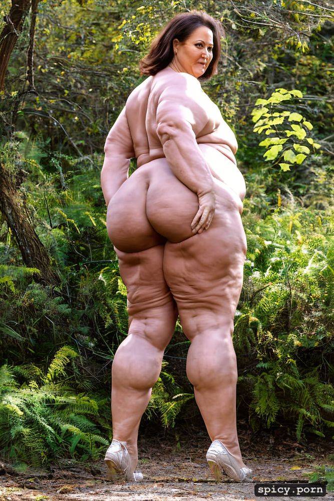 obese mature fatty muscle lady, in the woods, 65 years old, full body - #main