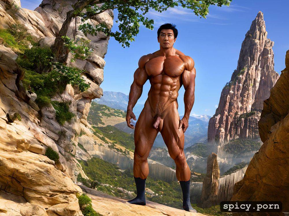 tall asian man standing up with muscles and abs and a big dick long and girthy has tight white socks and is naked - #main