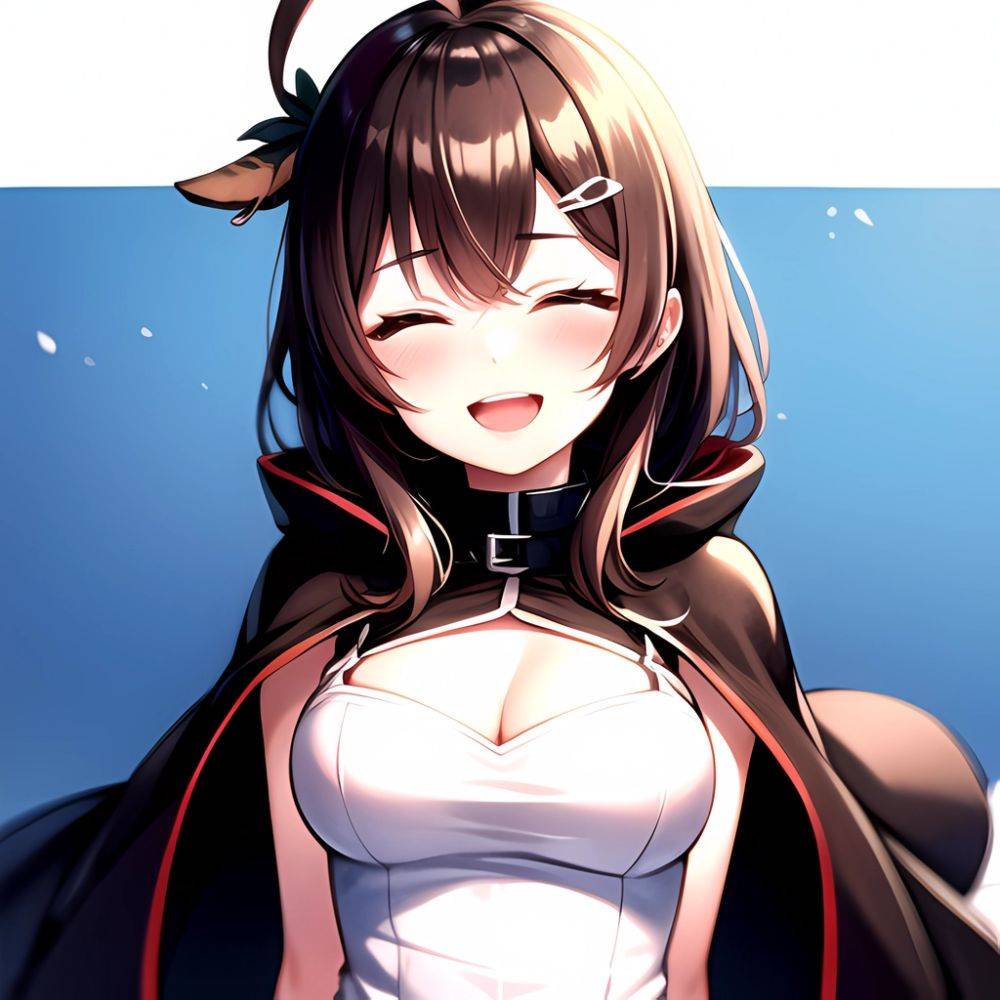1girl D Ahoge Blush Brown Capelet Brown Cloak Brown Hair Capelet Cleavage Cutout Cloak Closed Eyes Clothing Cutout Crossed Bangs, 4155878739 - AIHentai - #main
