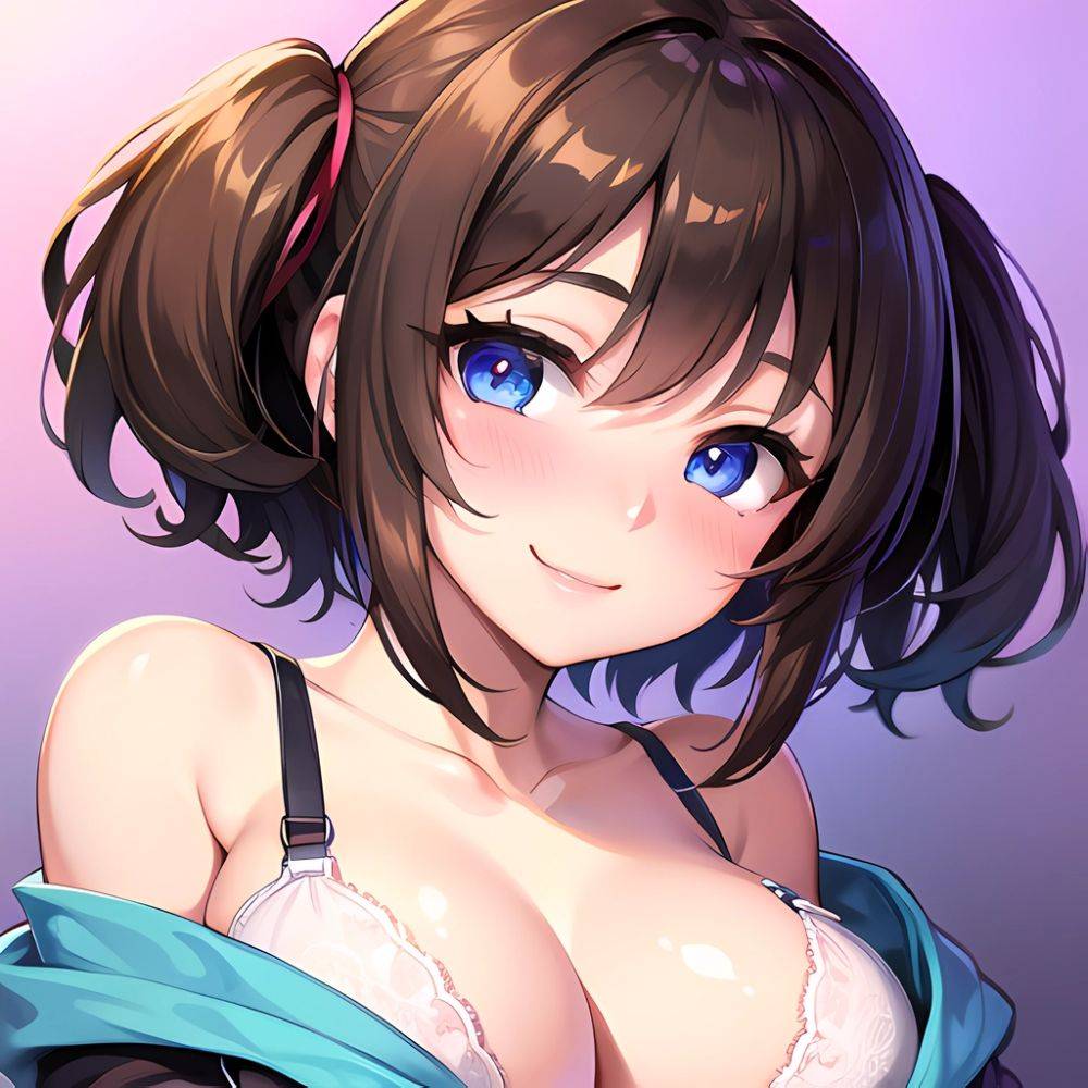 1girl Ai Generated Blue Eyes Blush Breasts Brown Hair Highres Large Breasts Light Smile Looking At Viewer Purple Background Shor, 3454507004 - AIHentai - #main