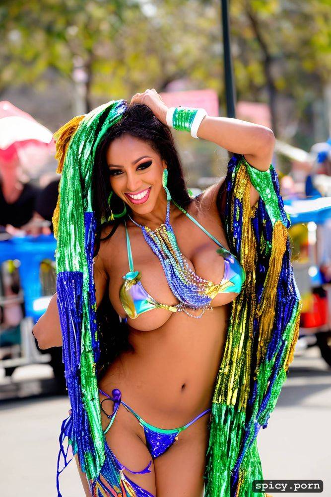 color portrait, huge natural boobs, 26 yo beautiful performing mardi gras street dancer - #main
