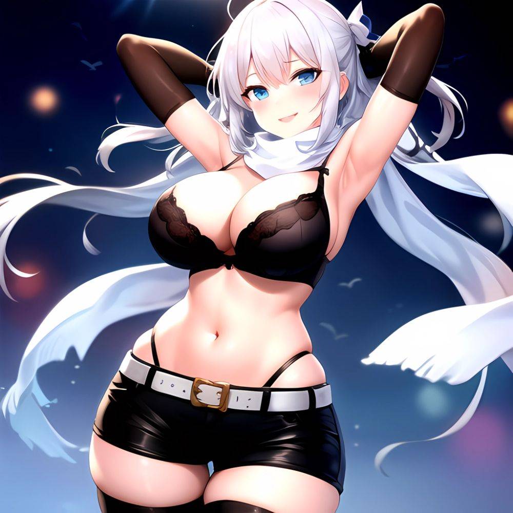 1girl Armpits Arms Behind Head Belt Black Bra Black Gloves Black Pantyhose Blue Eyes Blurry Blurry Background Bra Breasts Curvy, 3166567890 - AIHentai - #main