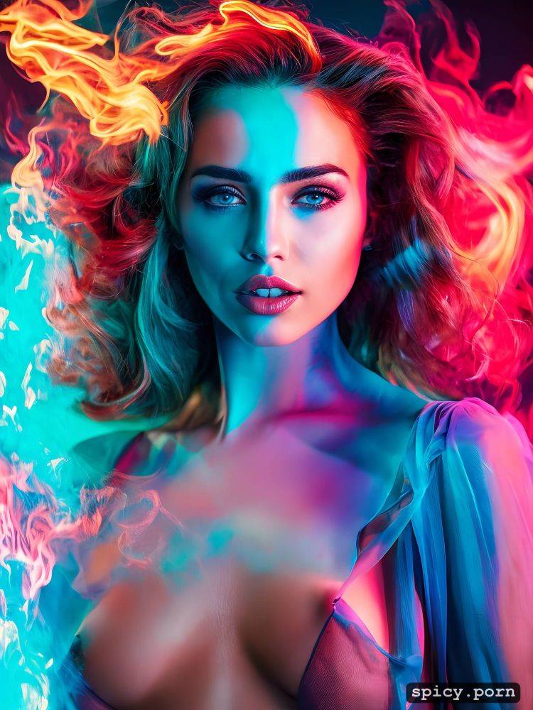 vibrant colorism, fiery woman with fire smoke around her, the style of light blue and pink - #main