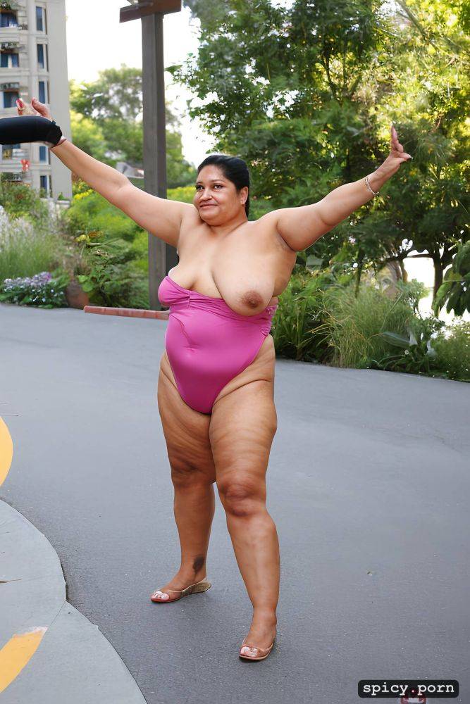 full shot, from behind, at street, an old fat hispanic naked woman with obese belly - #main