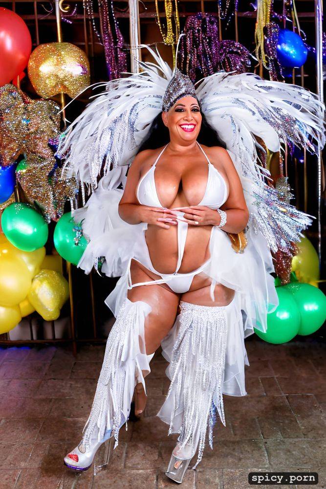 color portrait, long hair, 61 yo beautiful performing white mardi gras dancer on bourbon street - #main