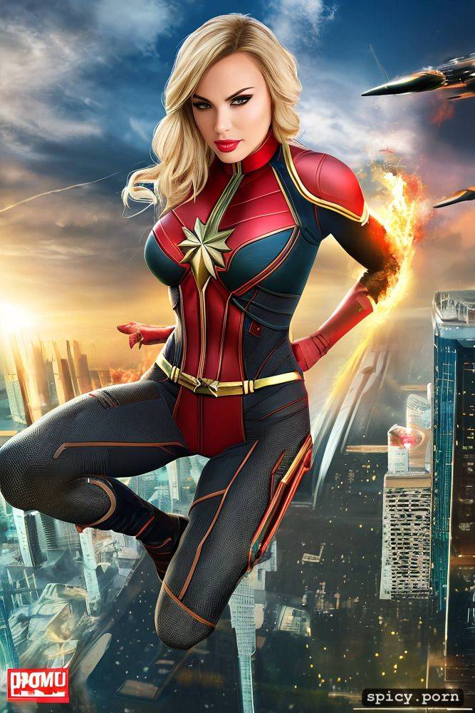 skyscraper roof, masterpiece, captain marvel, angry look, comicbook cover - #main