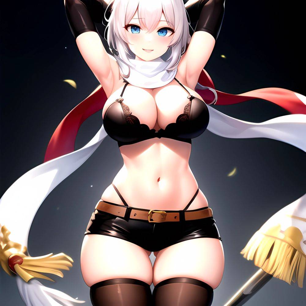 1girl Armpits Arms Behind Head Belt Black Bra Black Gloves Black Pantyhose Blue Eyes Blurry Blurry Background Bra Breasts Curvy, 520971717 - AIHentai - #main