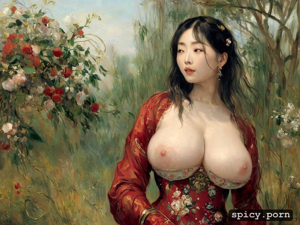 korean woman, glistening skin, hairy pussy, hair braid, art by da zhong zhang - #main