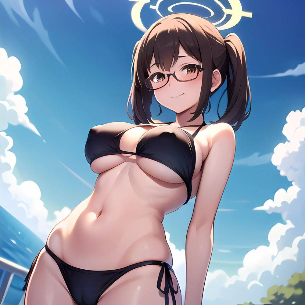 1girl Bikini Black Bikini Blue Archive Blue Sky Breasts Brown Eyes Brown Hair Closed Mouth Clothes Lift Cloud Covered Nipples, 879646757 - AIHentai - #main