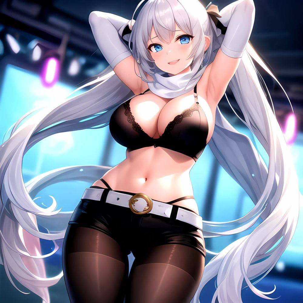 1girl Armpits Arms Behind Head Belt Black Bra Black Gloves Black Pantyhose Blue Eyes Blurry Blurry Background Bra Breasts Curvy, 2646483971 - AIHentai - #main