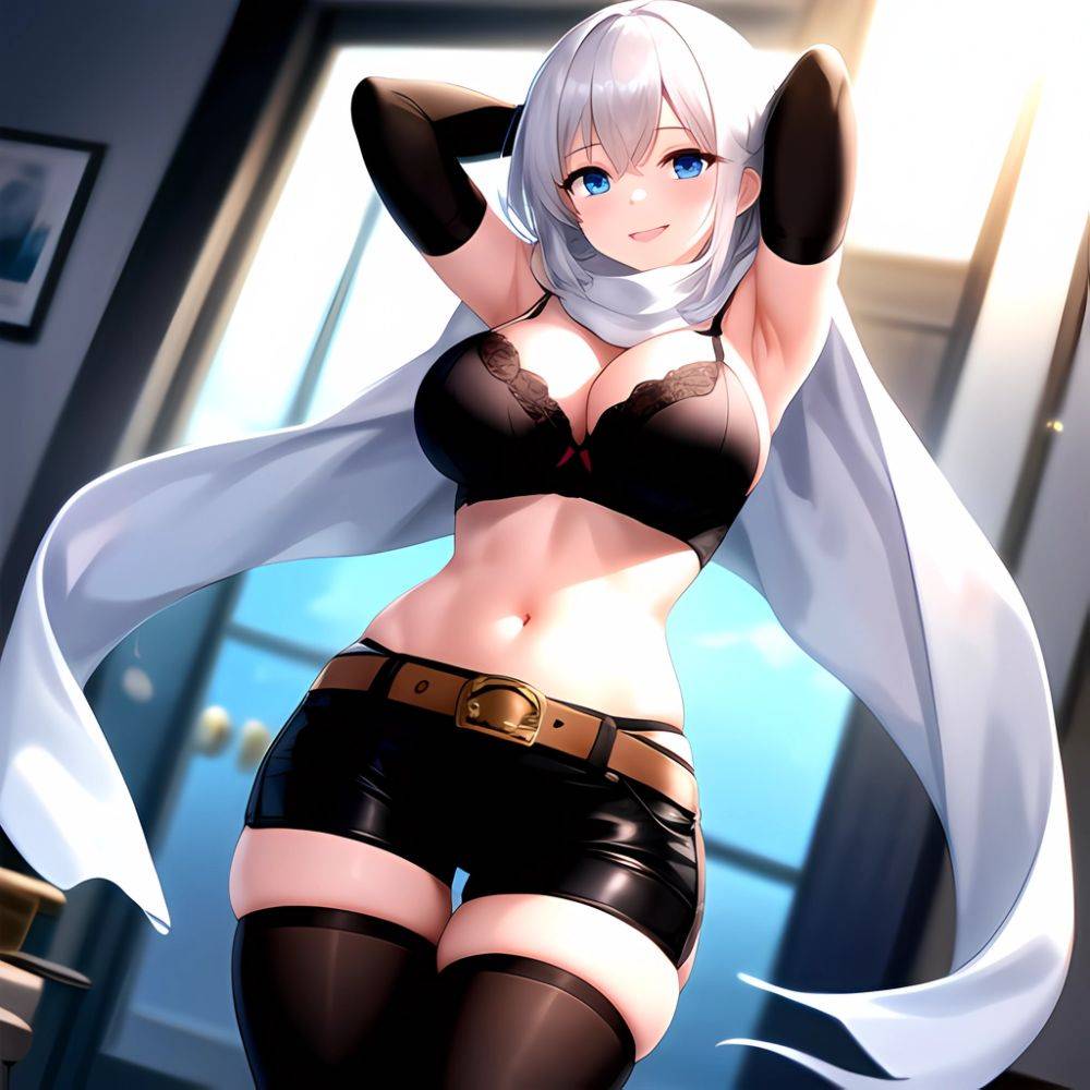 1girl Armpits Arms Behind Head Belt Black Bra Black Gloves Black Pantyhose Blue Eyes Blurry Blurry Background Bra Breasts Curvy, 2117951686 - AIHentai - #main