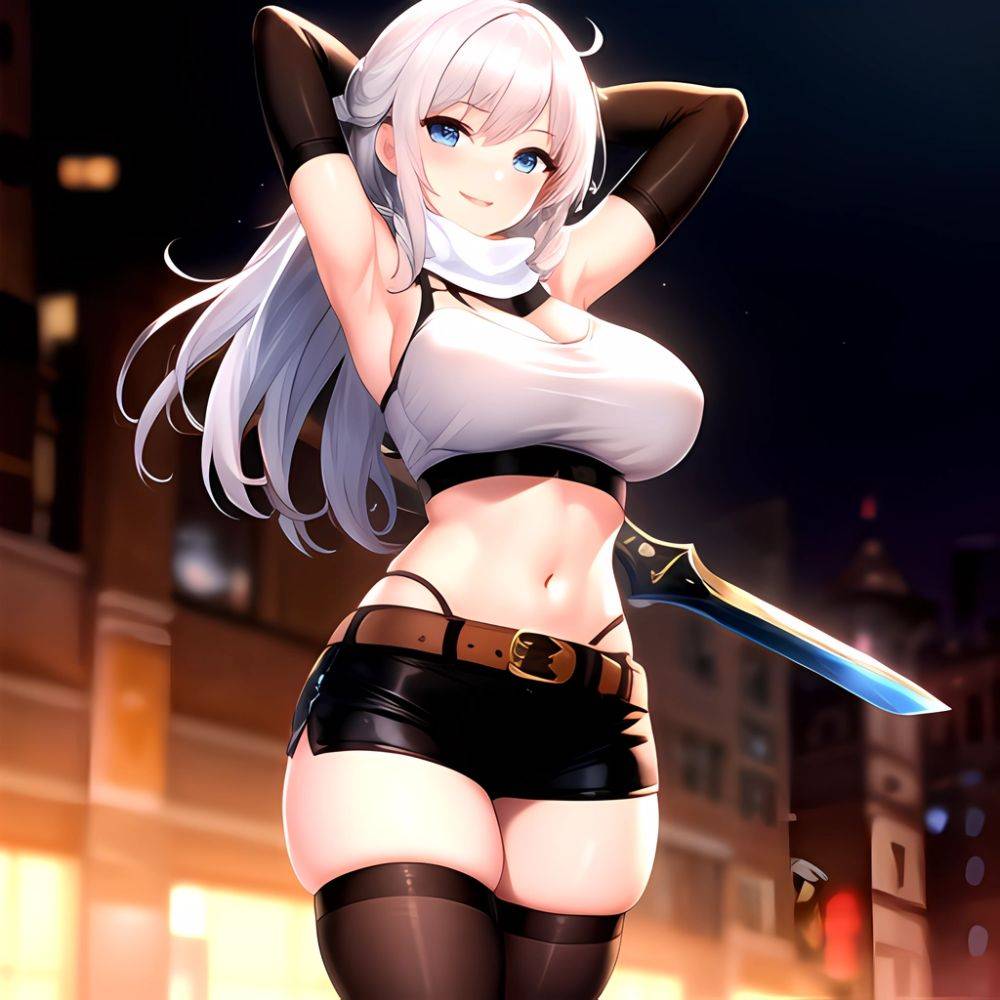 1girl Armpits Arms Behind Head Belt Black Bra Black Gloves Black Pantyhose Blue Eyes Blurry Blurry Background Bra Breasts Curvy, 1954348967 - AIHentai - #main