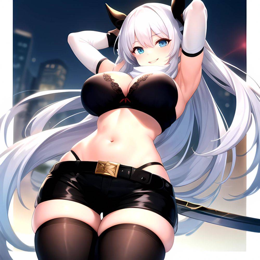 1girl Armpits Arms Behind Head Belt Black Bra Black Gloves Black Pantyhose Blue Eyes Blurry Blurry Background Bra Breasts Curvy, 1425300135 - AIHentai - #main