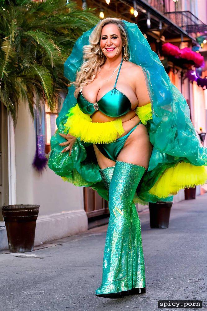color portrait, long hair, 51 yo beautiful performing white mardi gras dancer on bourbon street - #main