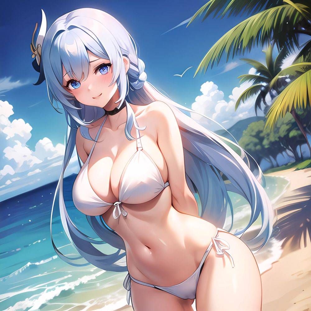 1girl Absurdres Bare Shoulders Beach Bikini Blue Eyes Blue Sky Blush Braid Braided Ponytail Breasts Cleavage Collarbone Genshin, 1979819475 - AIHentai - #main