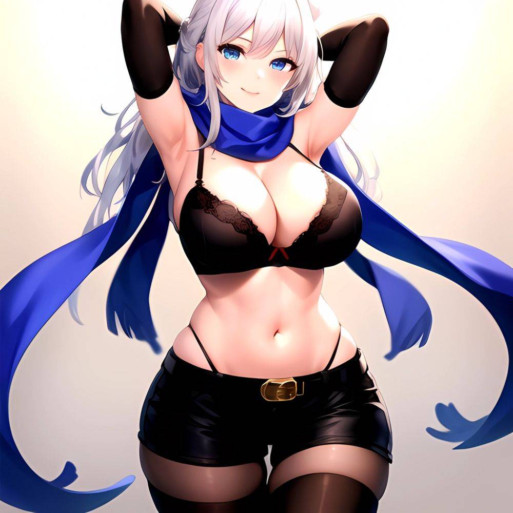 1girl Armpits Arms Behind Head Belt Black Bra Black Gloves Black Pantyhose Blue Eyes Blurry Blurry Background Bra Breasts Curvy, 2350254744 - AIHentai - #main