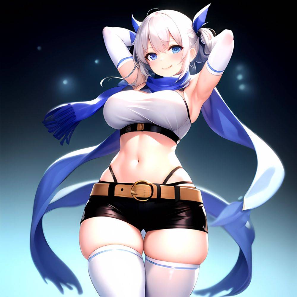 1girl Armpits Arms Behind Head Belt Black Bra Black Gloves Black Pantyhose Blue Eyes Blurry Blurry Background Bra Breasts Curvy, 3512538347 - AIHentai - #main