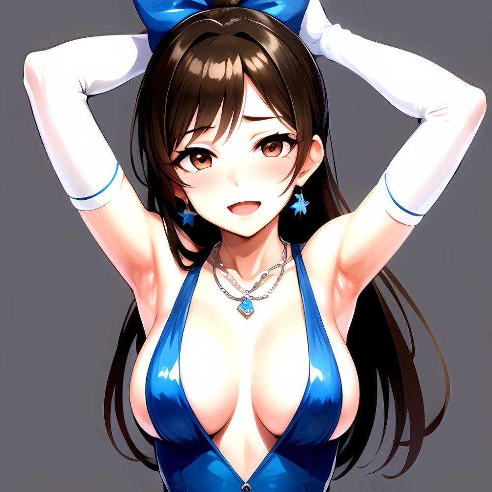 1girl Absurdres Armpits Arms Up Ayase Honoka Black Gloves Blue Bow Blue Dress Blush Bow Breasts Brown Eyes Brown Hair, 521411171 - AIHentai - #main