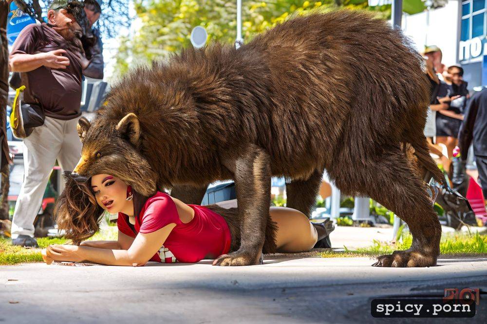 a group of giant hairy fat men dressed in wolf costumes having sex with a beautiful petite 21 years old woman with a pretty face laying on the ground in public while she is giving blowjobs to strangers - #main