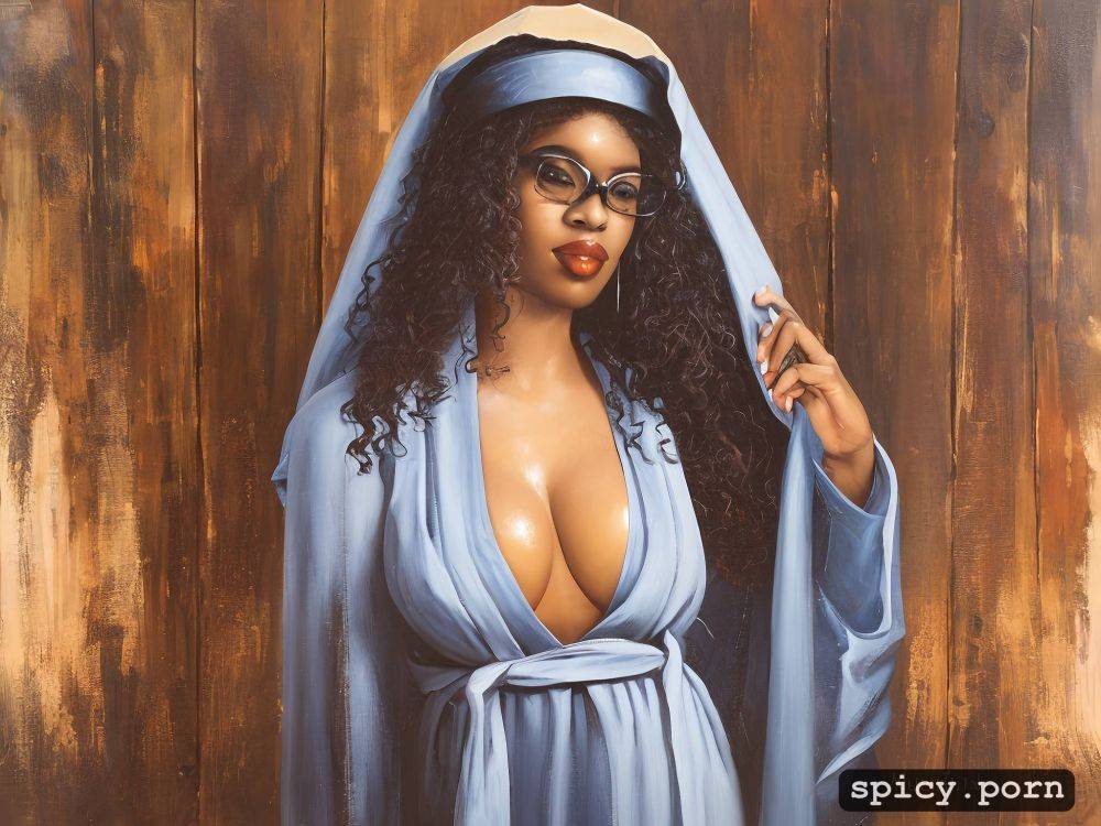 medium shot, curly hair, vibrant, sauna, nun, black lady, oiled body - #main