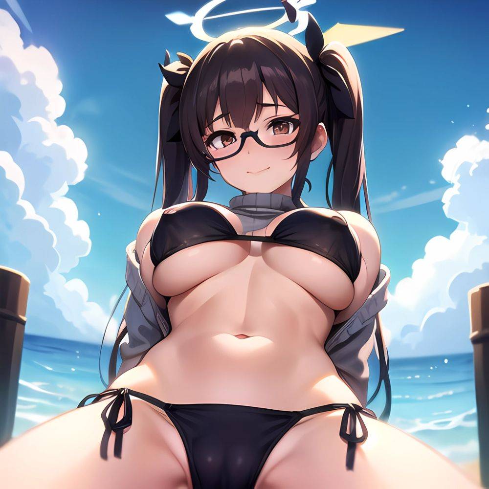 1girl Bikini Black Bikini Blue Archive Blue Sky Breasts Brown Eyes Brown Hair Closed Mouth Clothes Lift Cloud Covered Nipples, 1594295354 - AIHentai - #main