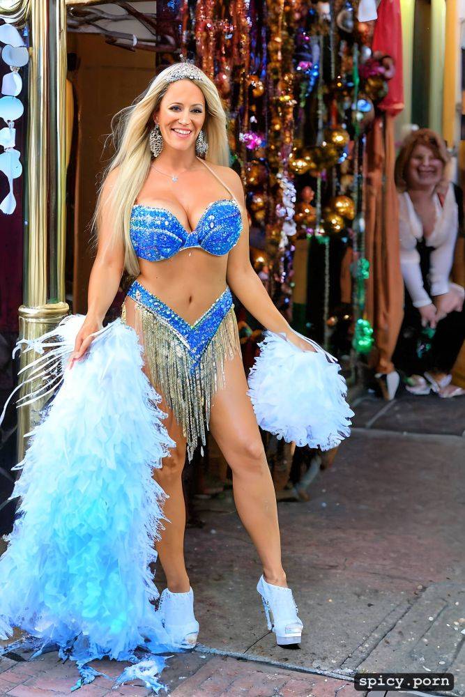 color portrait, long hair, 57 yo beautiful performing white mardi gras dancer on bourbon street - #main