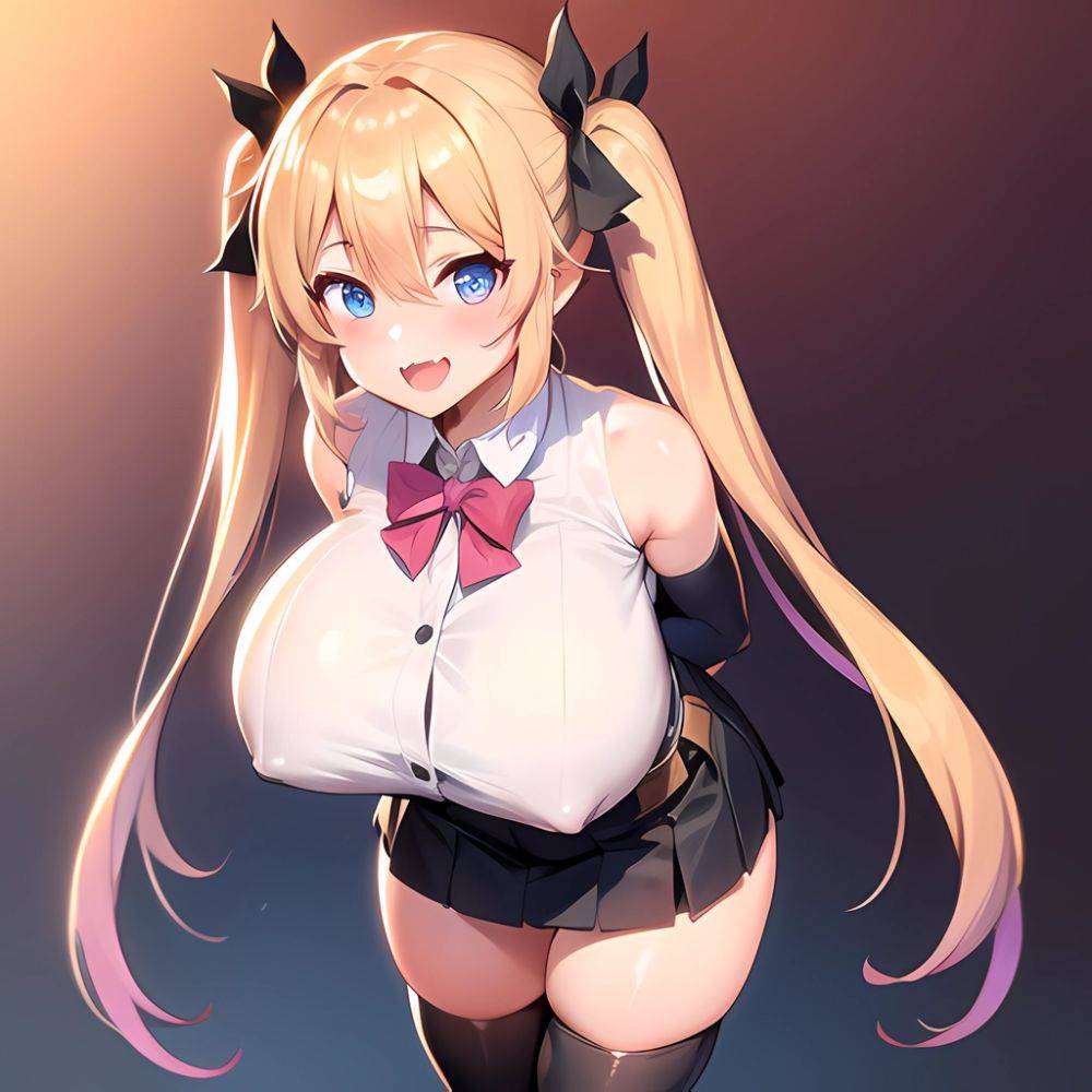1girl Aymusk Belt Black Skirt Blonde Hair Blue Eyes Blush Bow Bowtie Breasts Curvy Elbow Gloves Fang Gloves Gradient Background, 2778428925 - AIHentai - #main