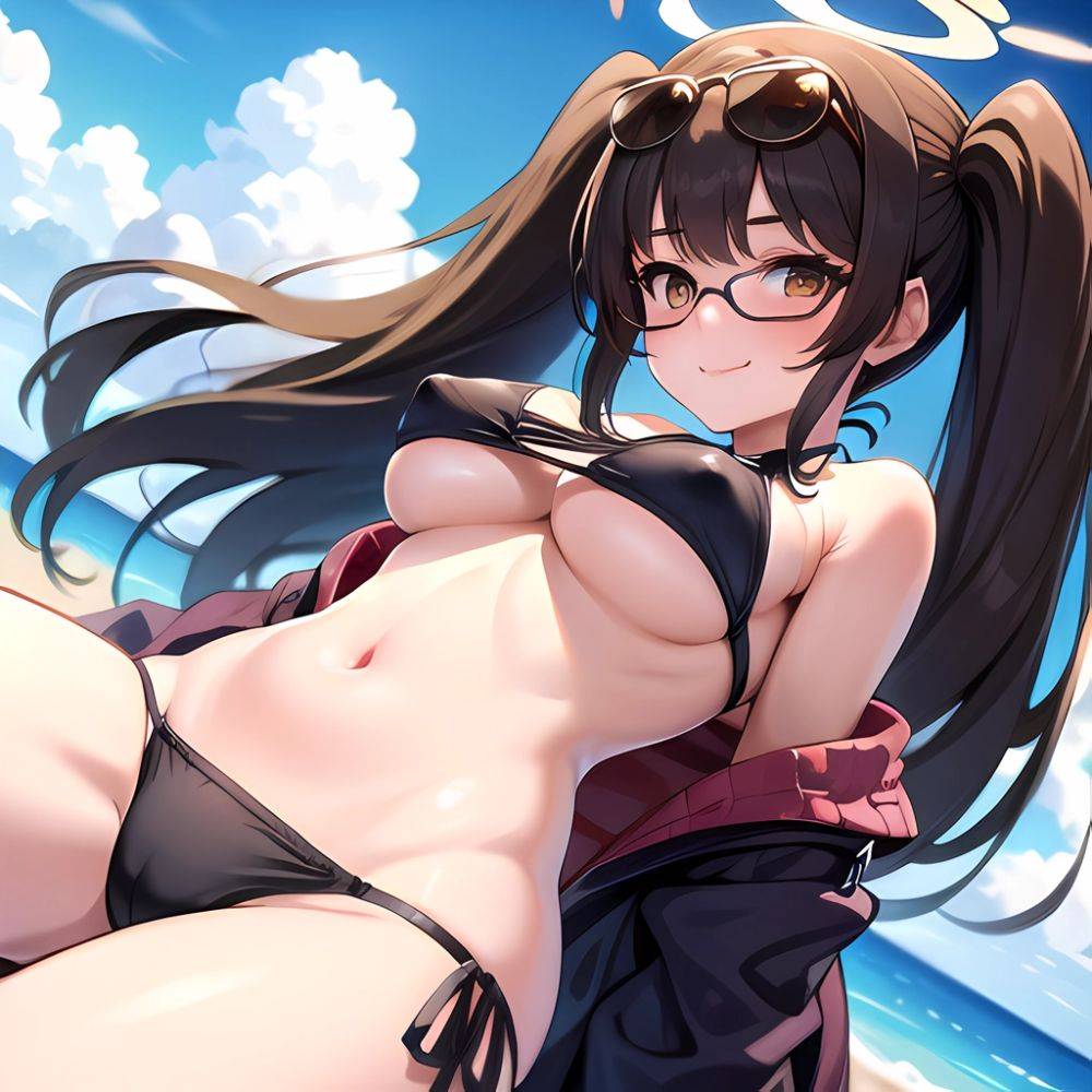 1girl Bikini Black Bikini Blue Archive Blue Sky Breasts Brown Eyes Brown Hair Closed Mouth Clothes Lift Cloud Covered Nipples, 2381359185 - AIHentai - #main