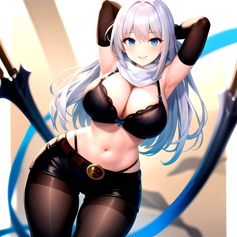 1girl Armpits Arms Behind Head Belt Black Bra Black Gloves Black Pantyhose Blue Eyes Blurry Blurry Background Bra Breasts Curvy, 2336401235 - AIHentai - #main