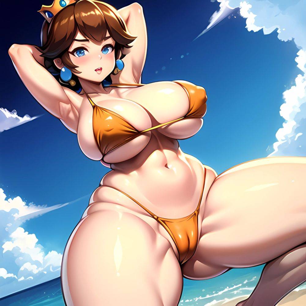 1girl Areola Slip Armpits Arms Behind Head Bikini Blue Eyes Blush Breasts Brown Hair Cleavage Huge Breasts Legs Mario Series, 1322201709 - AIHentai - #main