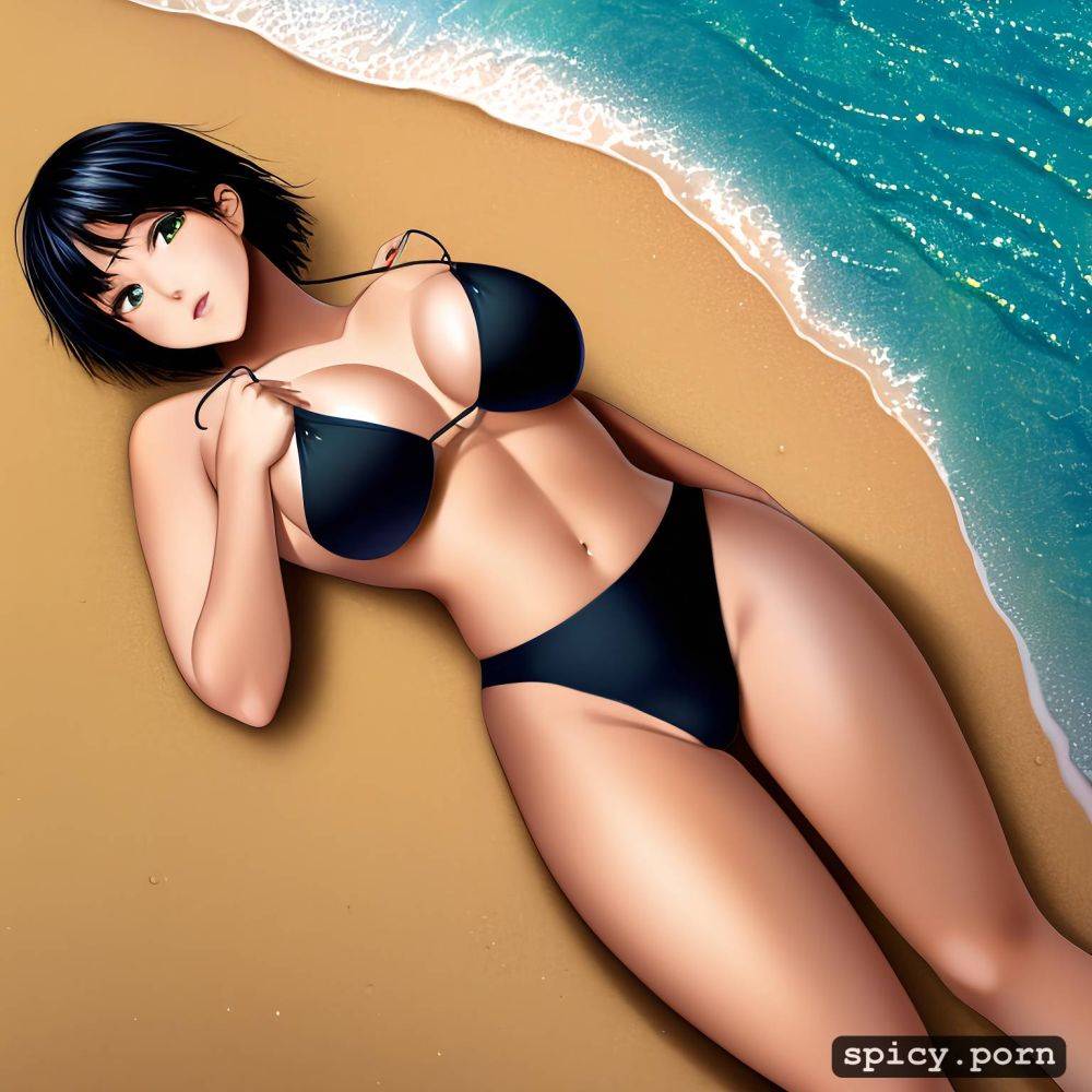 small tits perky nipples, f1, short messy bob hair, on the beach in a black bikini - #main